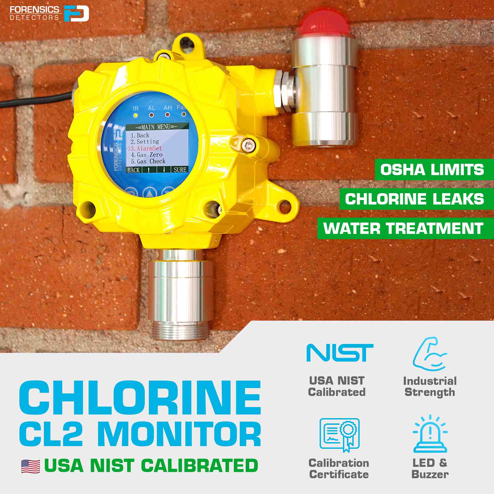 Chlorine Detector | Wall Mount | USA NIST Calibration
