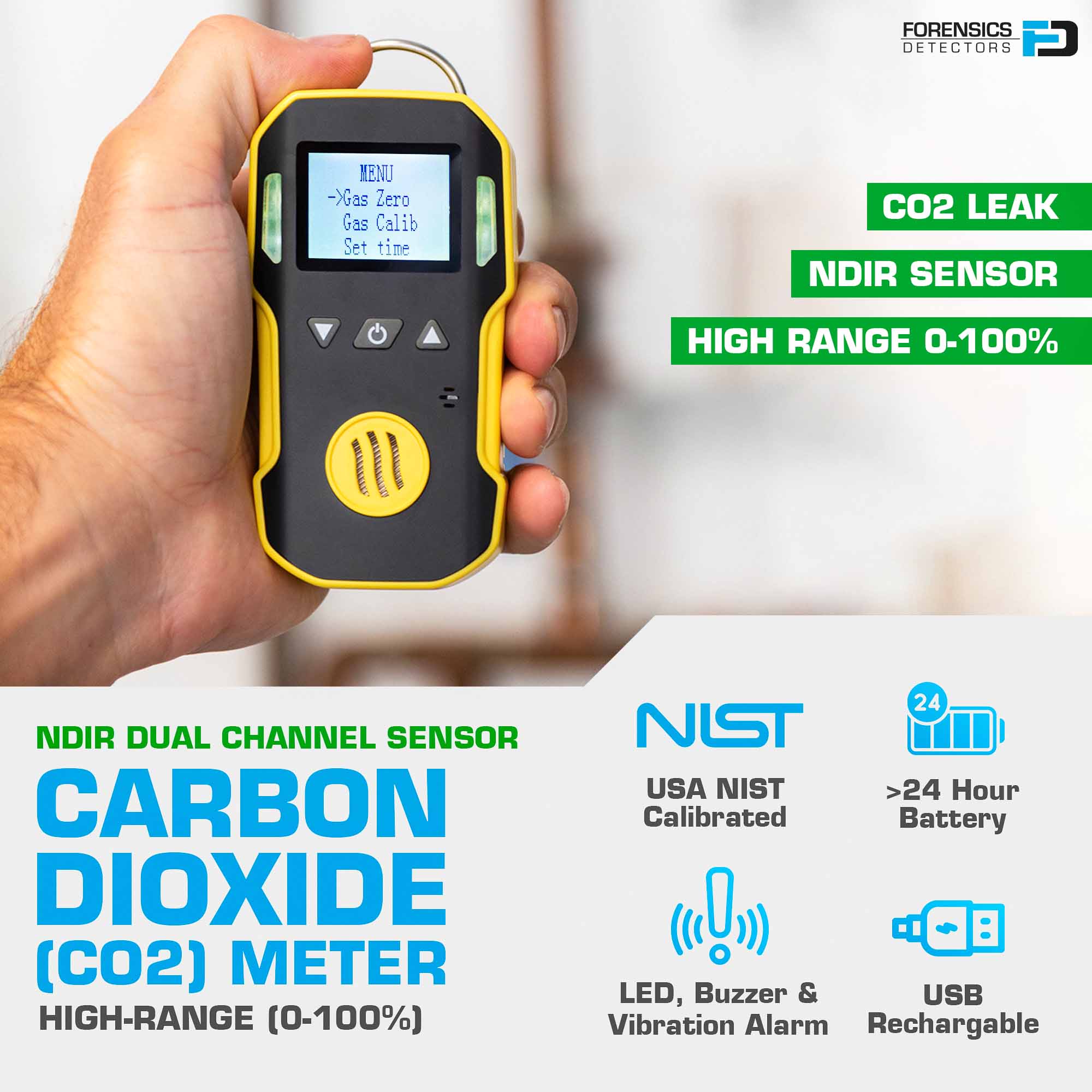 Carbon Dioxide Meter | 0 - 100% | USA NIST Calibration
