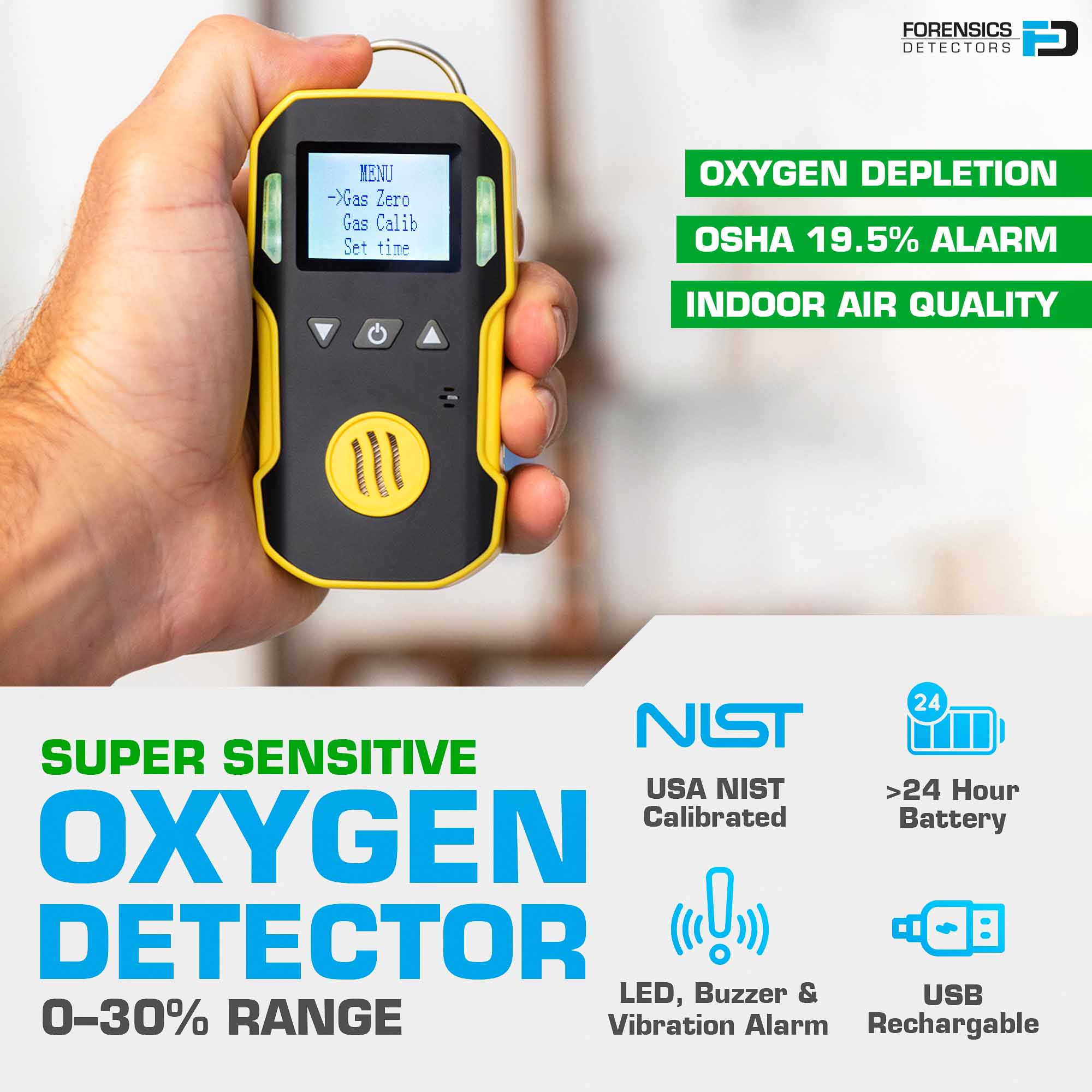 Oxygen Detector 0-30% | USA NIST Calibration