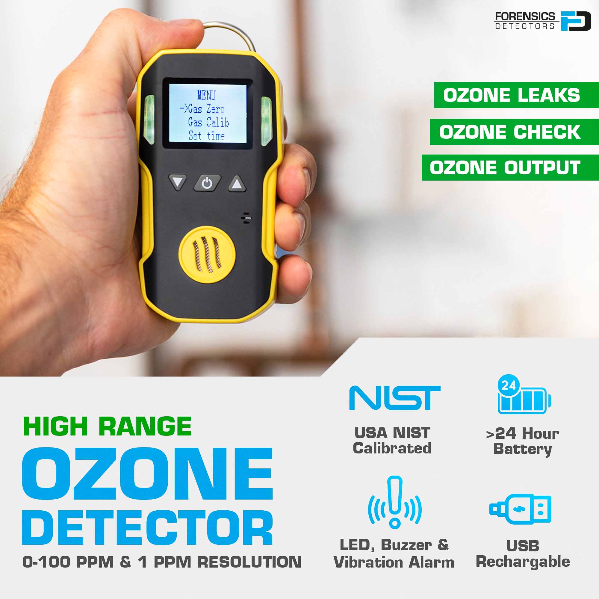 Ozone Meter | High-Range 100 ppm | USA NIST Calibration
