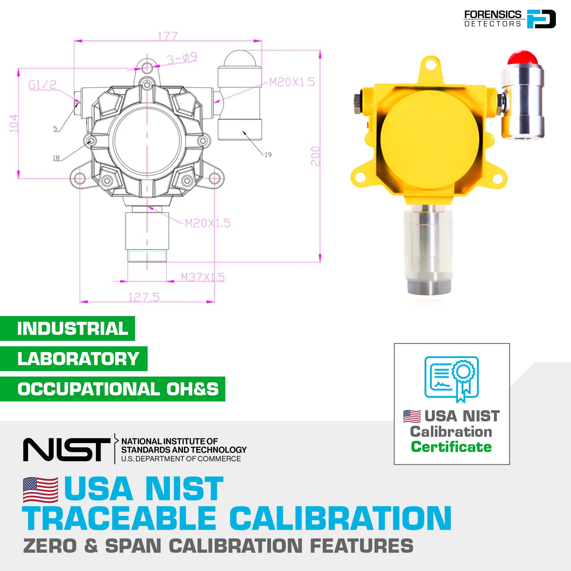 Chlorine Detector | Wall Mount | USA NIST Calibration