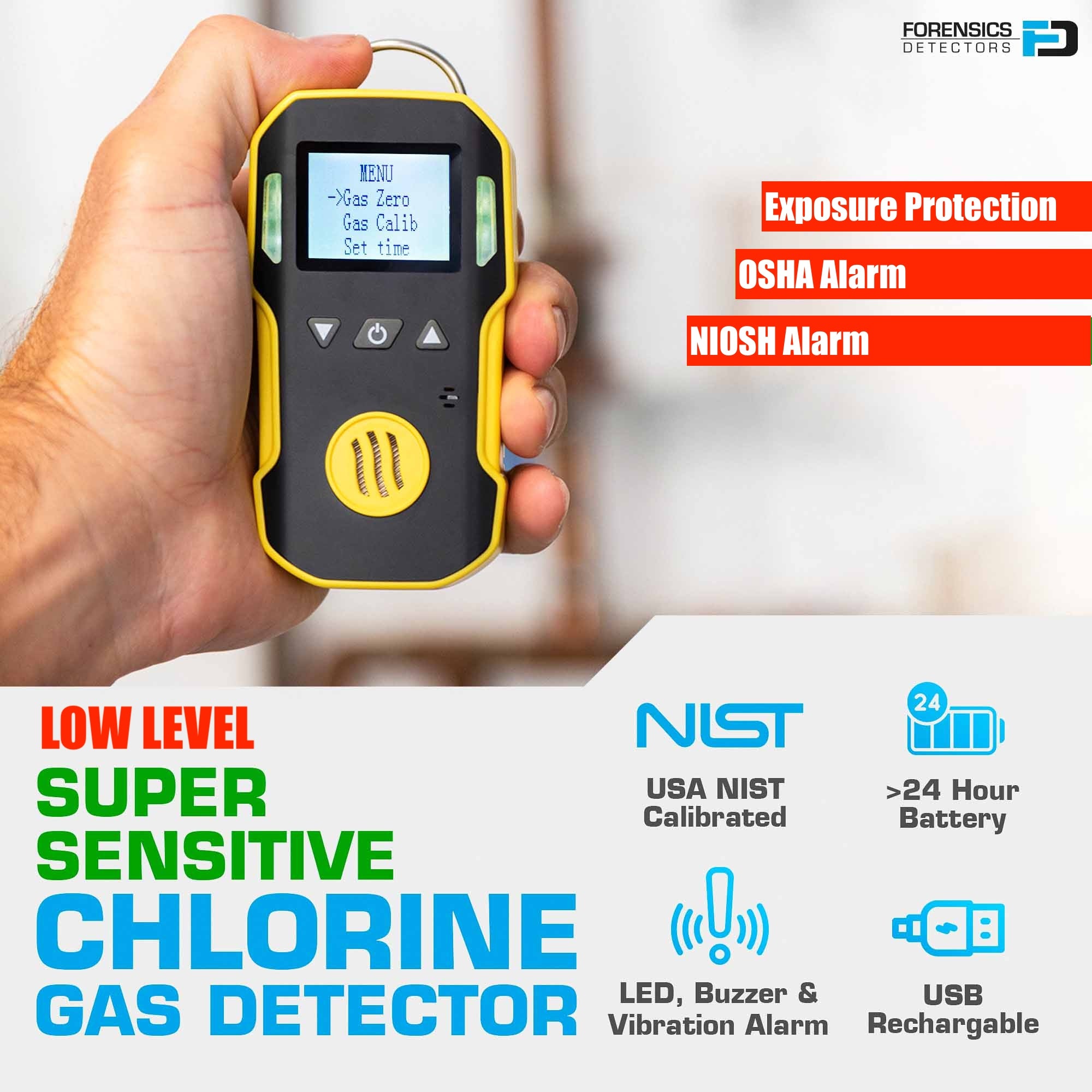 Chlorine Gas Detector for OSHA | USA NIST Calibration