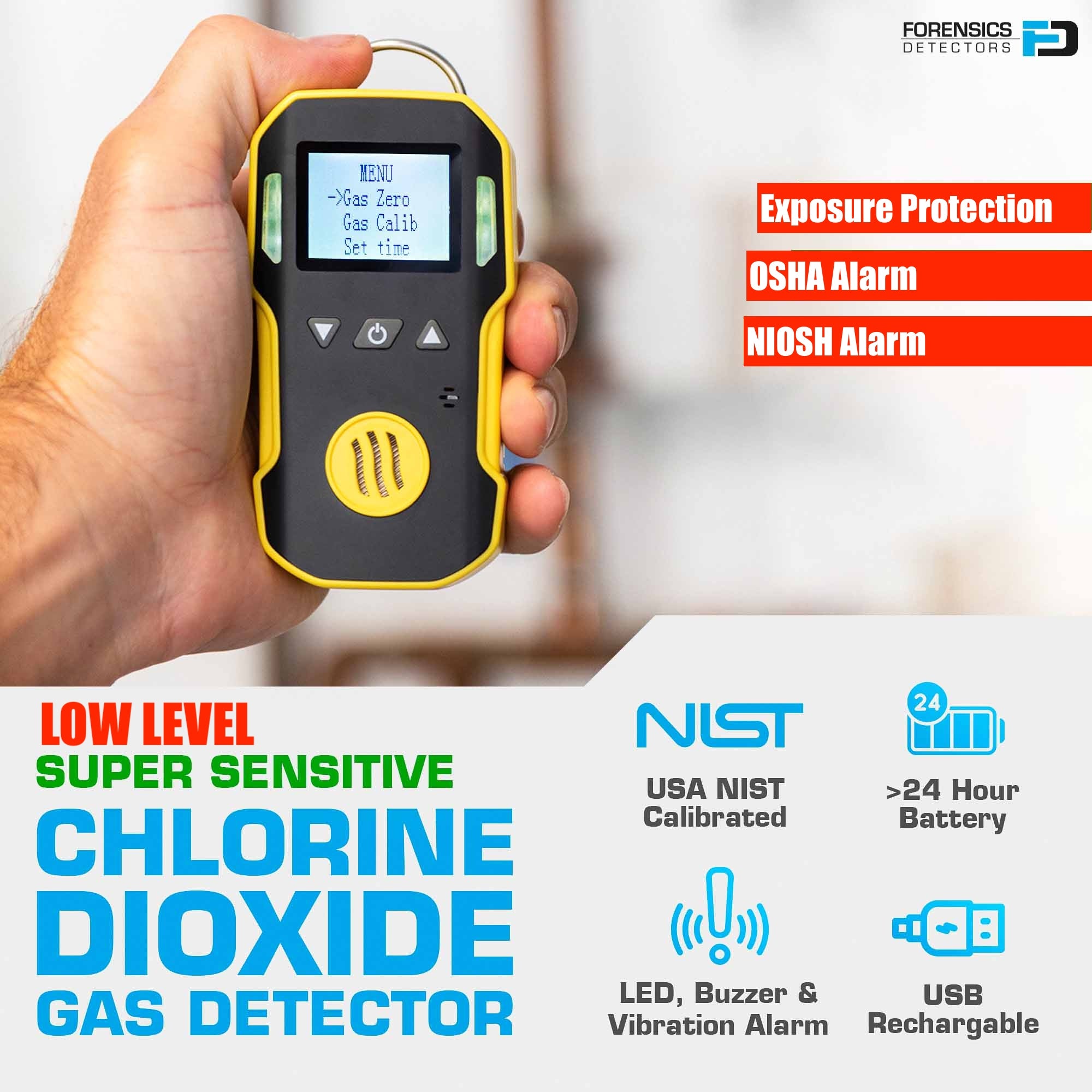 Chlorine Dioxide Gas Detector for OSHA | 0-10 ppm | USA NIST Calibration