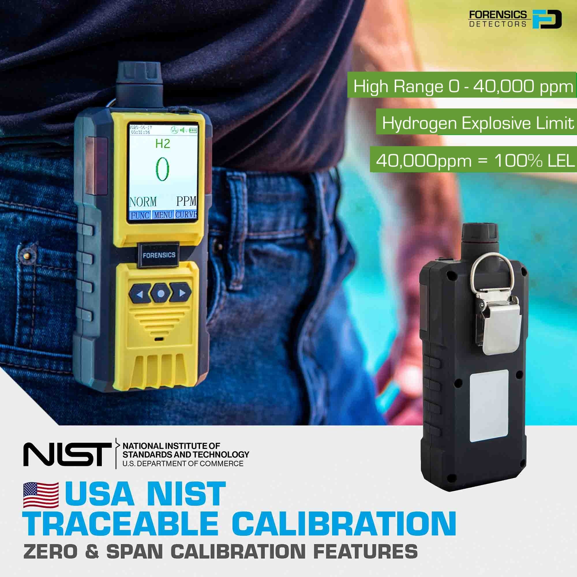Hydrogen Gas Leak Detector | High Range 40,000 ppm | USA NIST Calibration