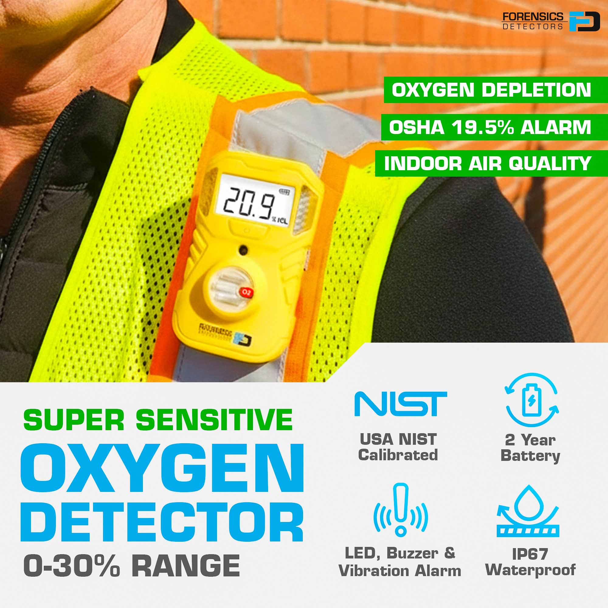 Detektor tlenu | Alarmy OSHA | 2 lata pracy baterii | Jednorazowy