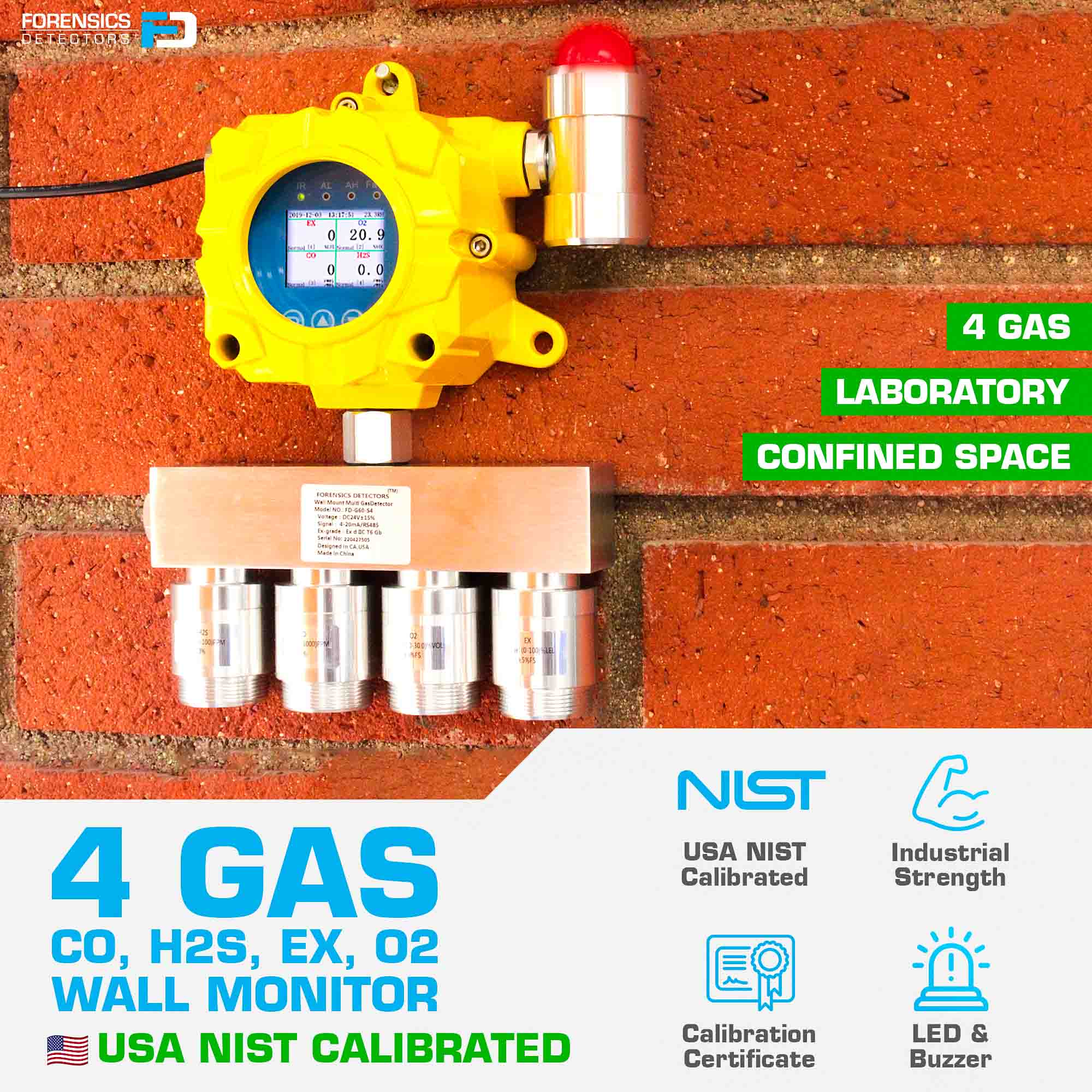 4 Gas Meter Detector | Wall Mount | USA NIST Calibration