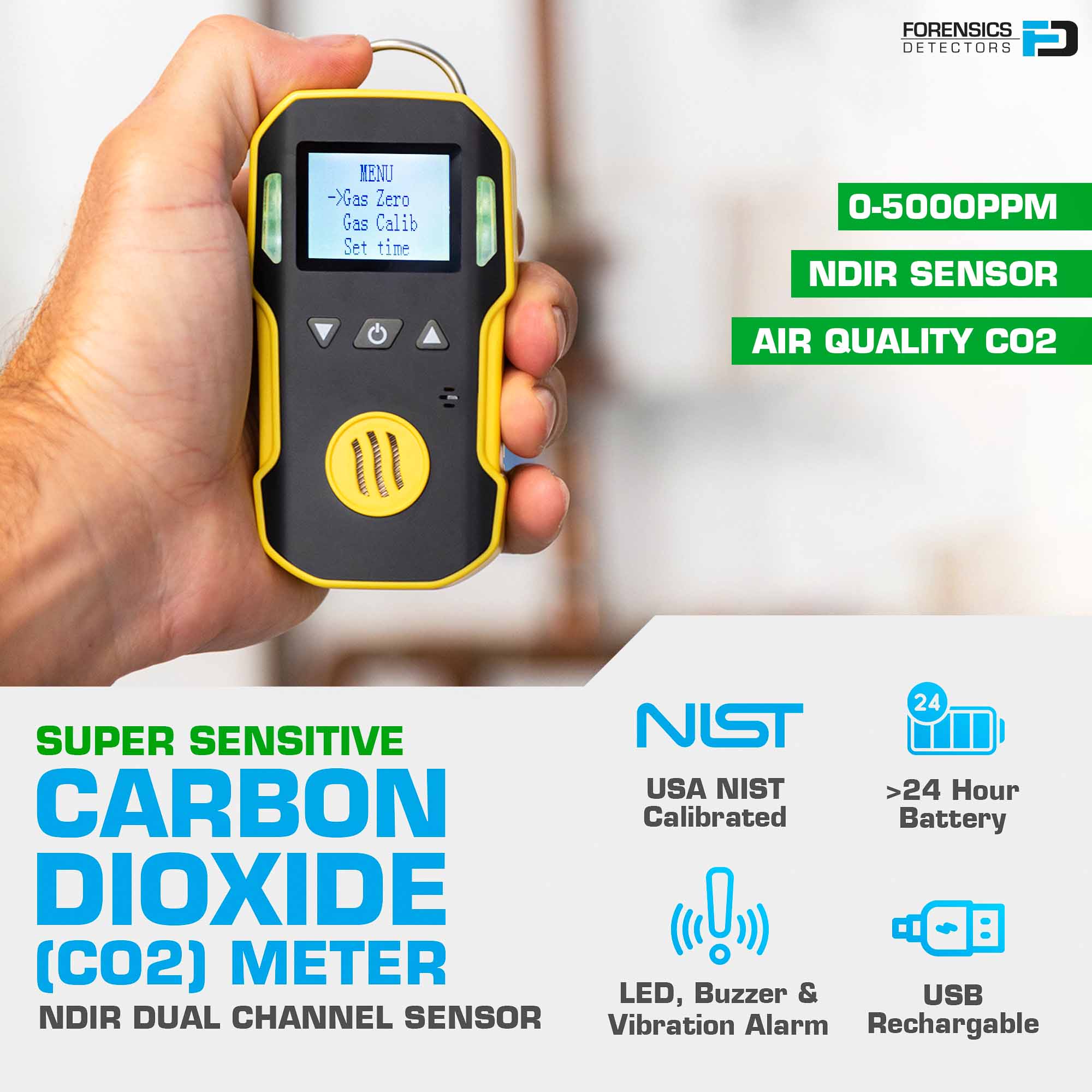 CO2 Meter for Safety | 0-5000 ppm | USA NIST Calibration