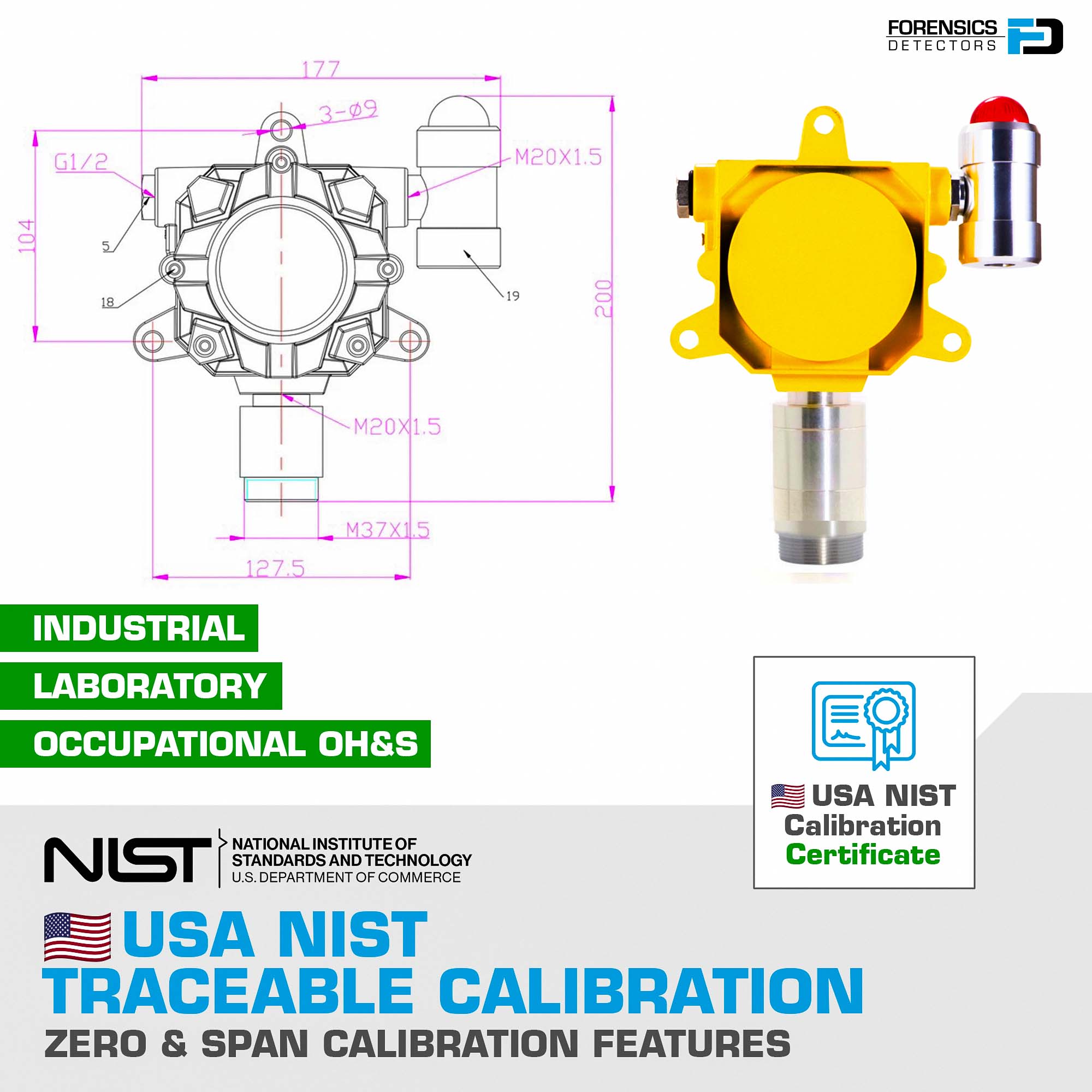 CO2 Monitor | Wall Mount | 0-5000 ppm | USA NIST Calibration